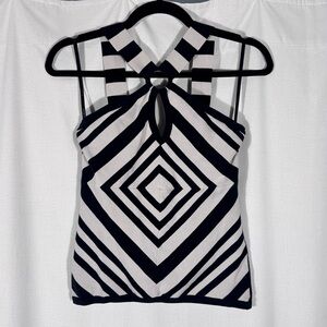 Bebe Black and White Cross Front Keyhole Top